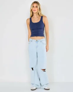 Basic Fine Rib Henley Tank Top