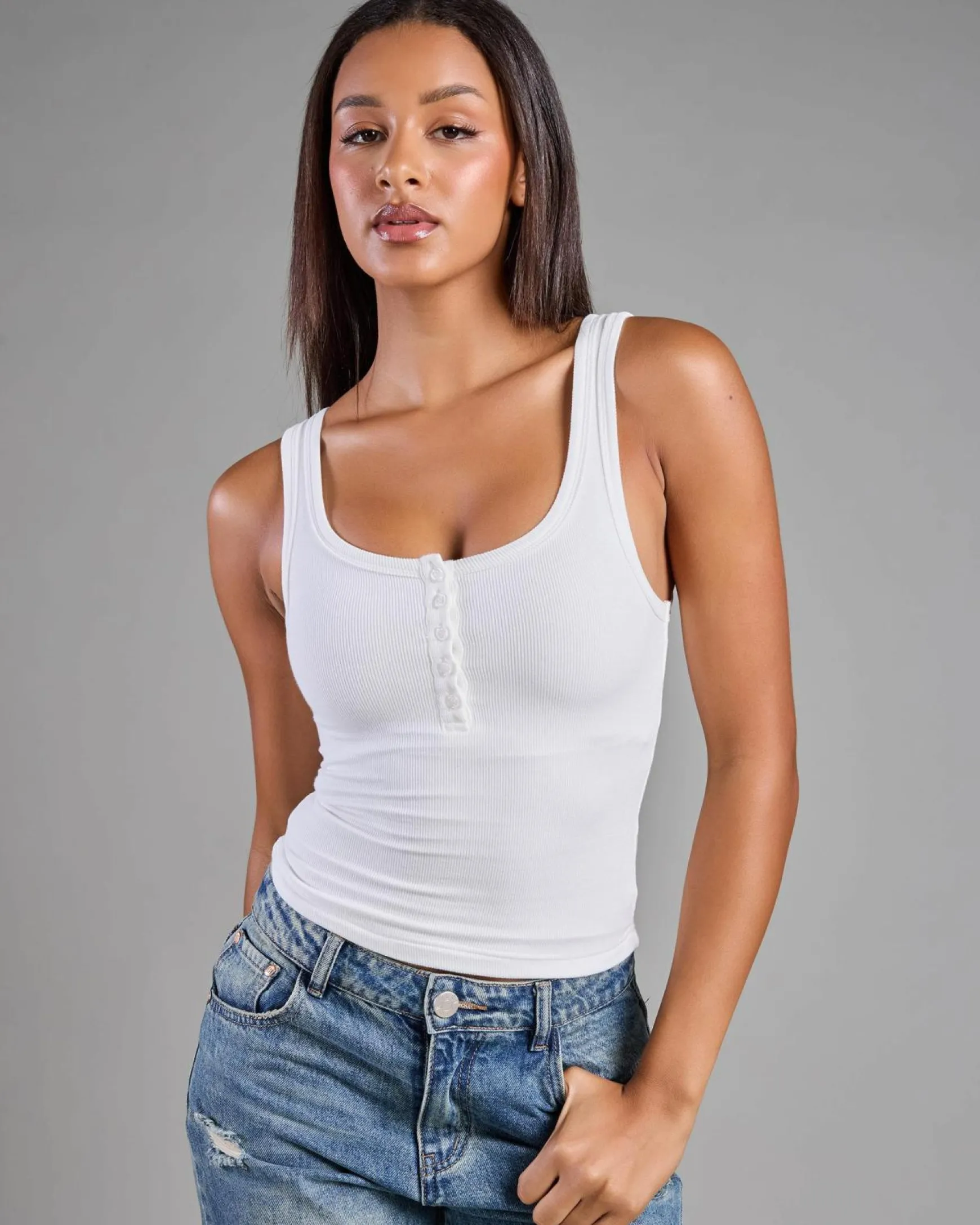 Basic Fine Rib Henley Tank Top