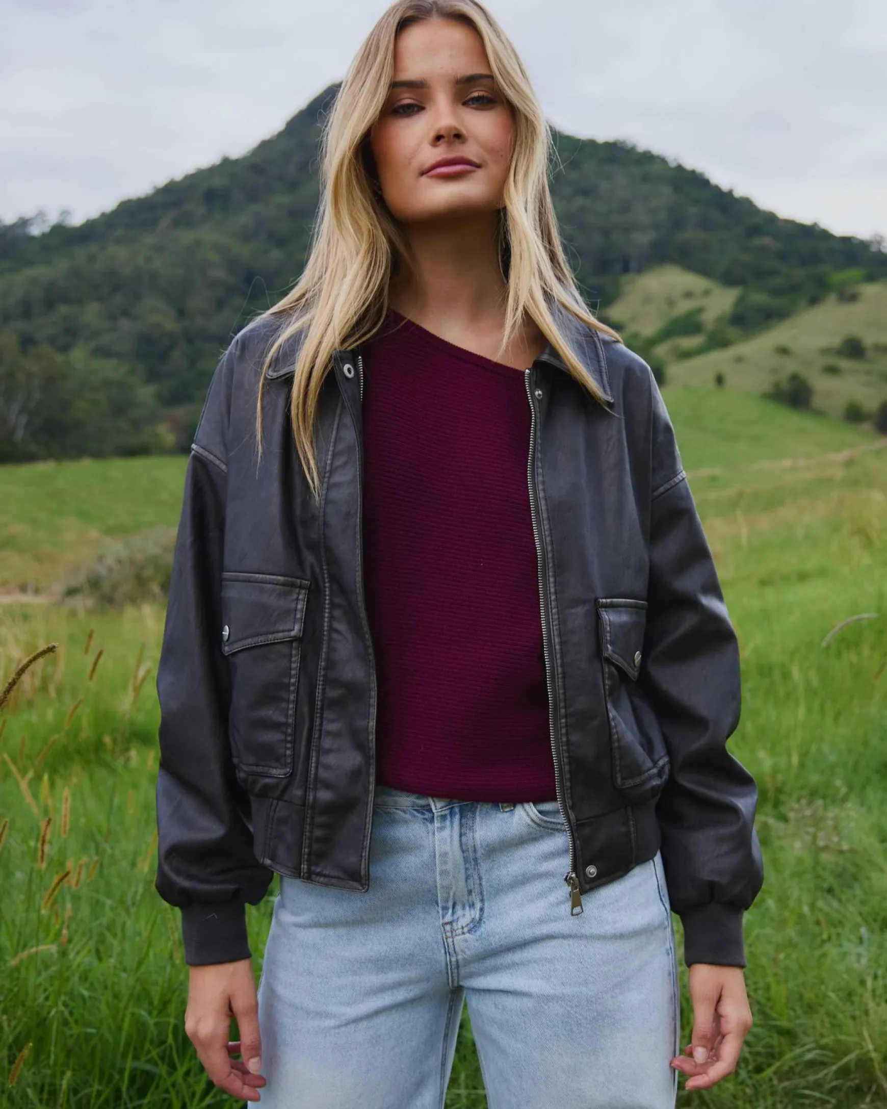 Garage Faux Leather Bomber Jacket