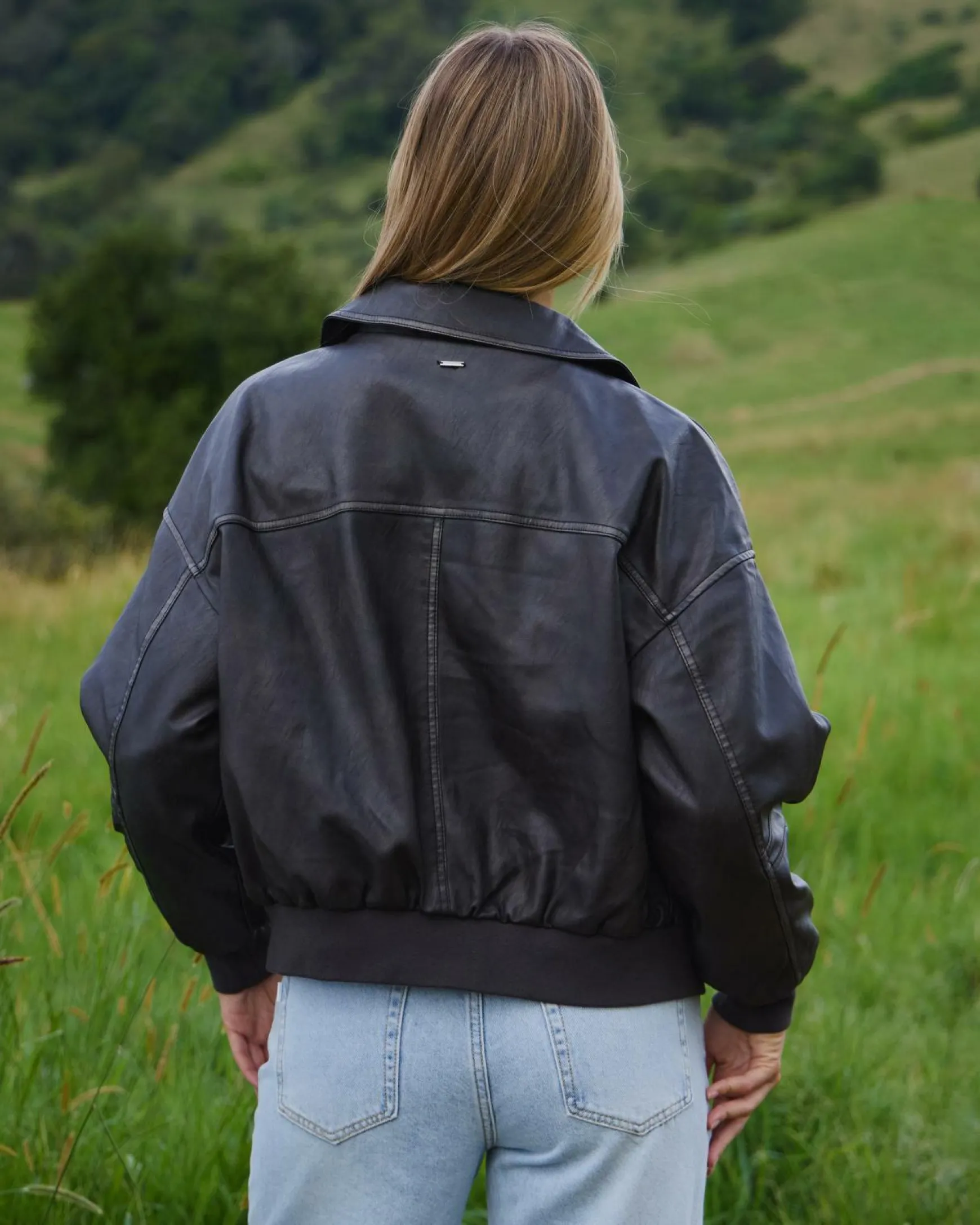 Garage Faux Leather Bomber Jacket
