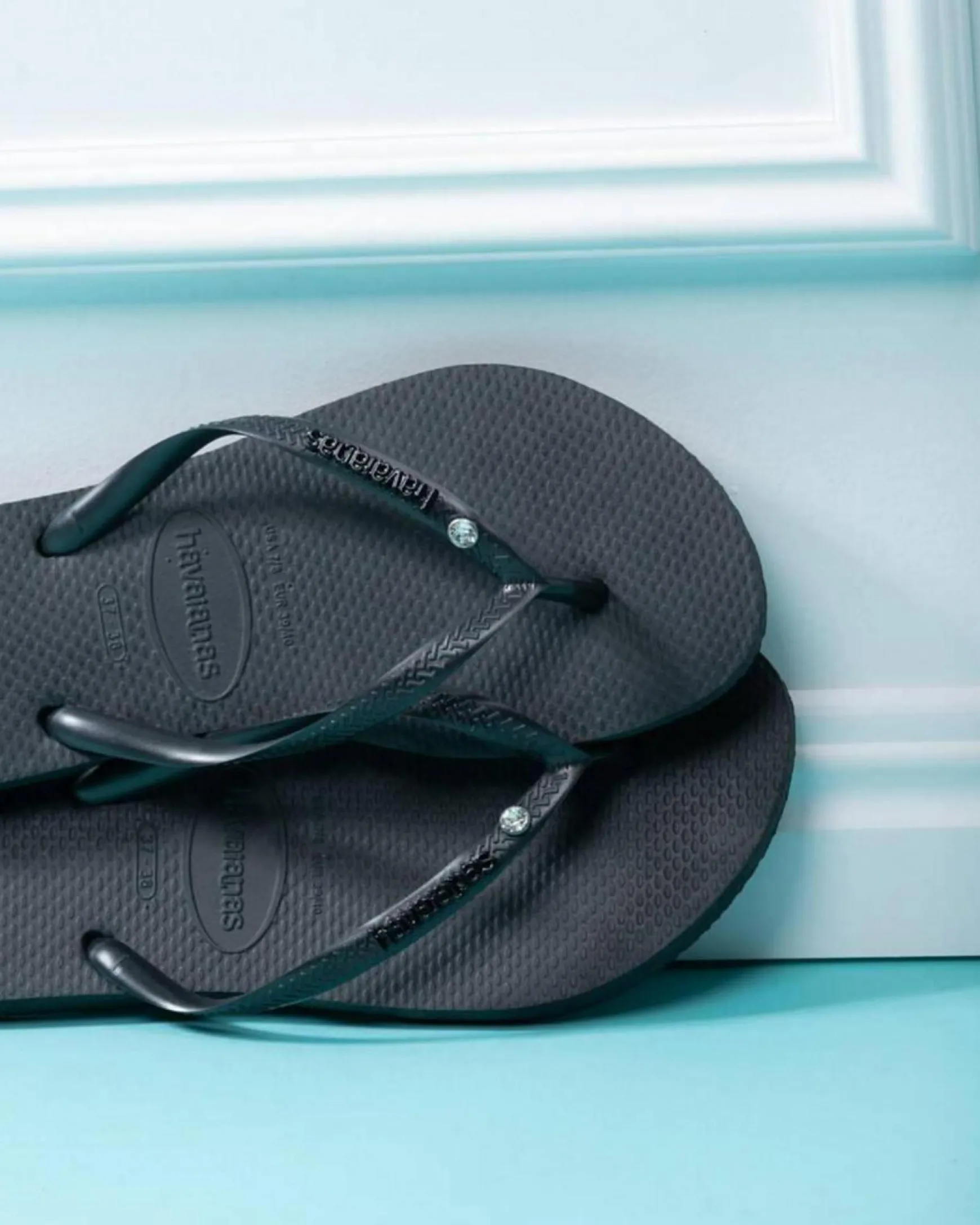 Slim Metal Logo Crystal Thongs