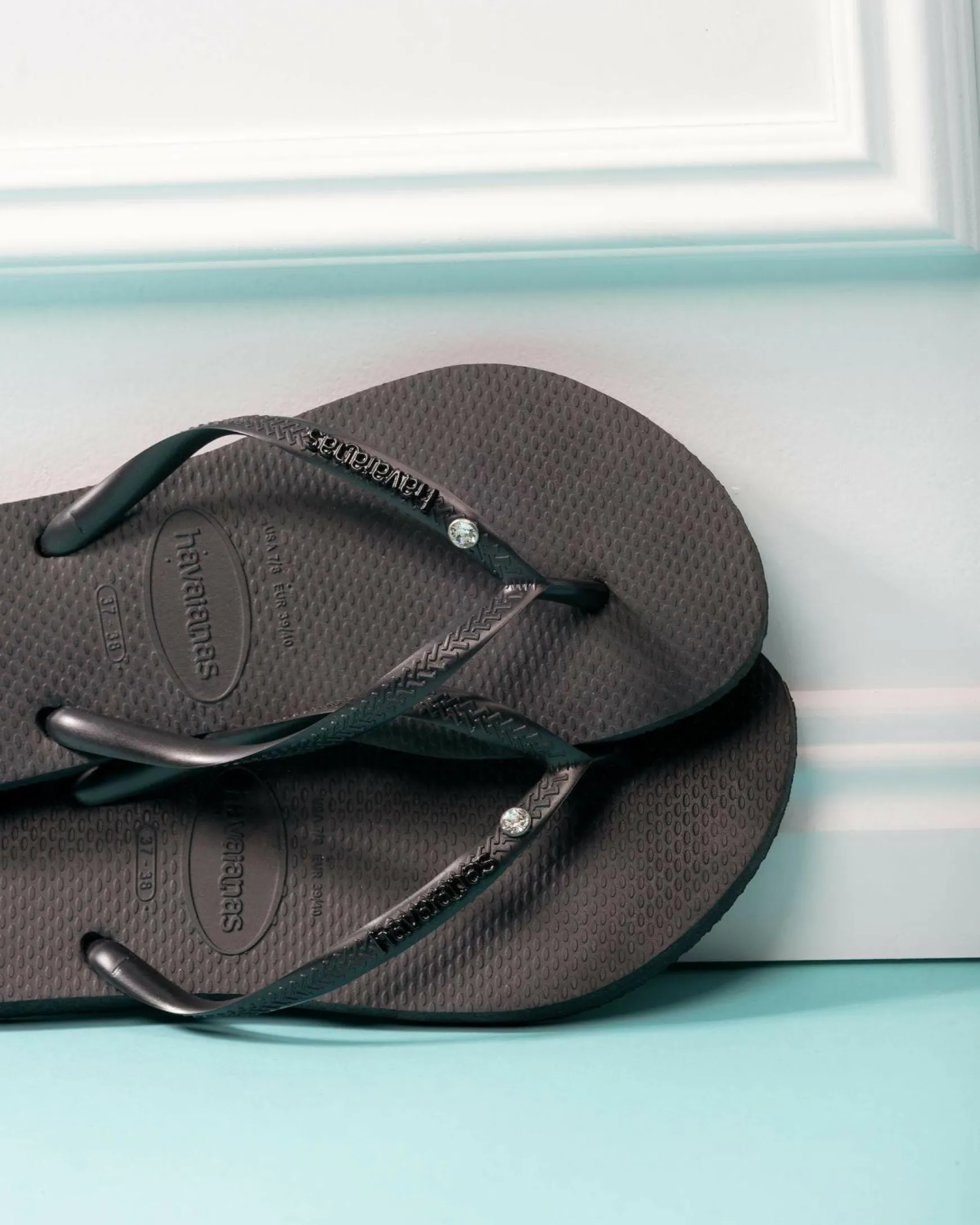 Slim Metal Logo Crystal Thongs